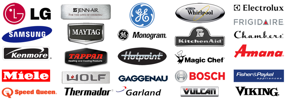 A collection of appliance brand logos including LG, Jenn-Air, General Electric, Whirlpool, Electrolux, Samsung, Maytag, Monogram, KitchenAid, Chambers, Kenmore, Tappan, Hotpoint, Magic Chef, Amana, Miele, Wolf, Gaggenau, Bosch, Fisher & Paykel, Speed Queen, Thermador, Garland, Vulcan and Viking.
