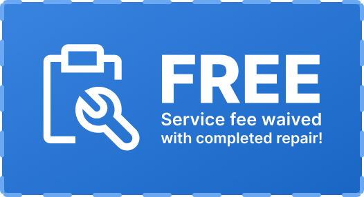 Coupon graphic reading: Free! Service fee waived with completed repair!