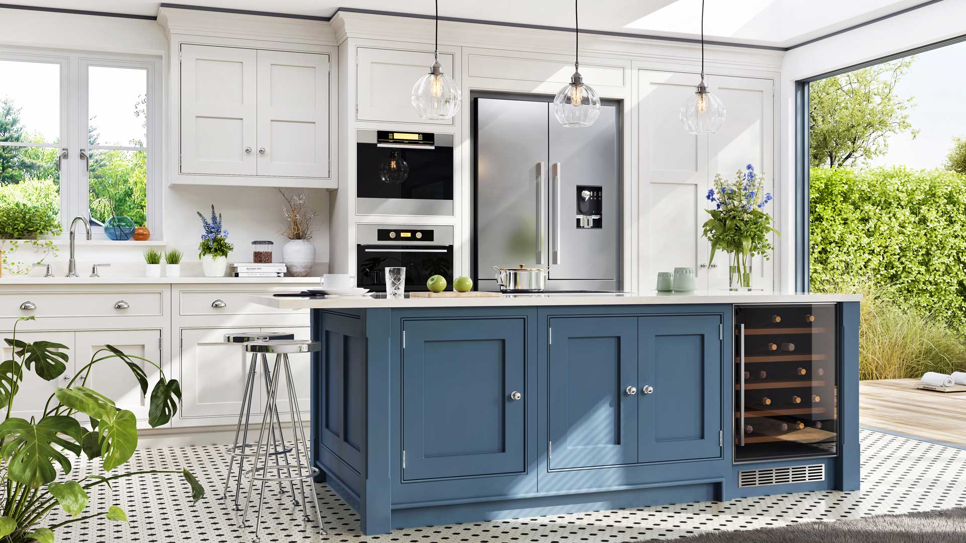 Kitchen with blue cabinets and lots of natural light